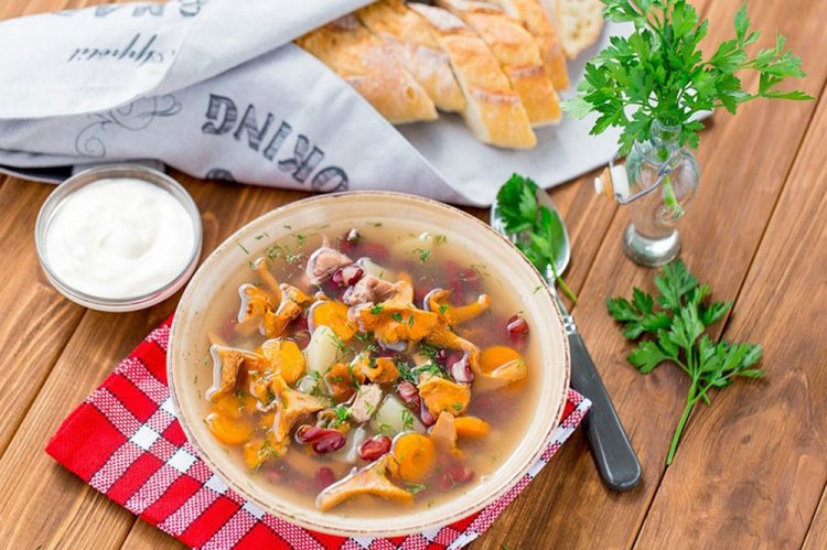 Chanterelle Mushroom Soup with Beans and Smoked Meats