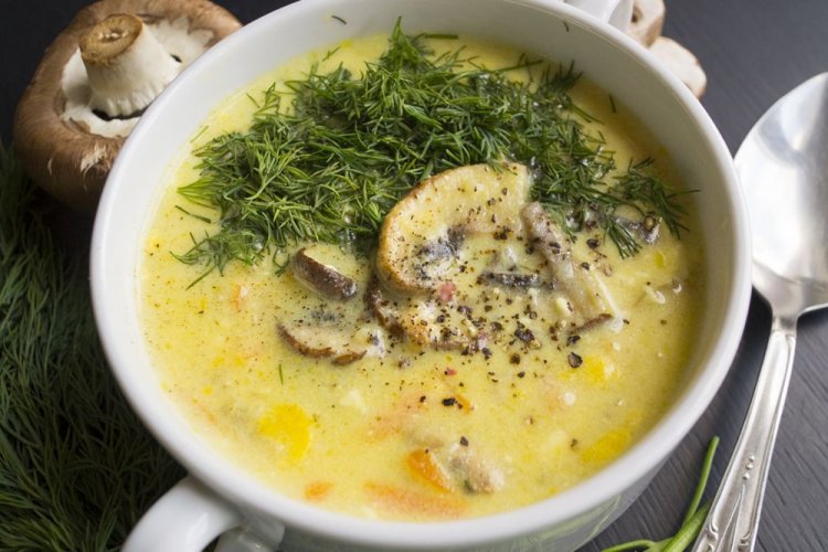 Sopa cremosa de pollo y champiñones