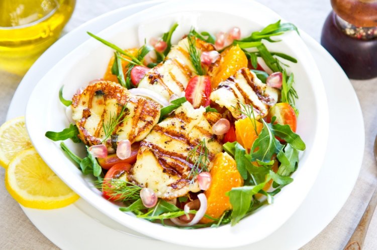 Salad with Fried Halloumi, Pomegranate, and Nuts