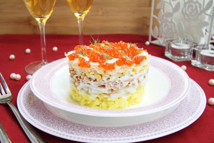 Layered Salad with Red Caviar