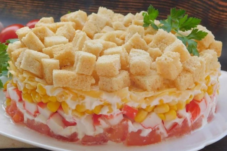 Layered Crab Stick, Corn, and Crouton Salad