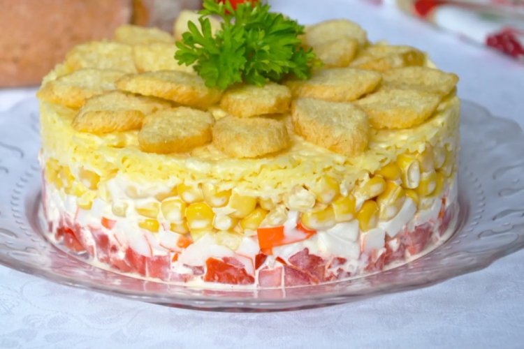 Layered Crab Stick, Tomato, and Corn Salad