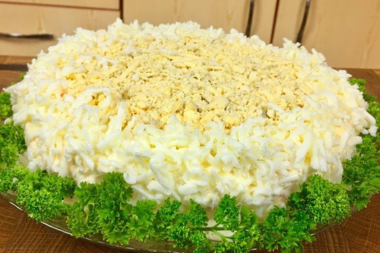 Layered Salad with Trout Liver and Prunes