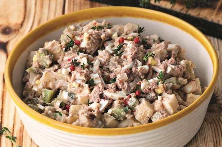 Salad with Trout Liver, Apples, and Pickled Cucumbers