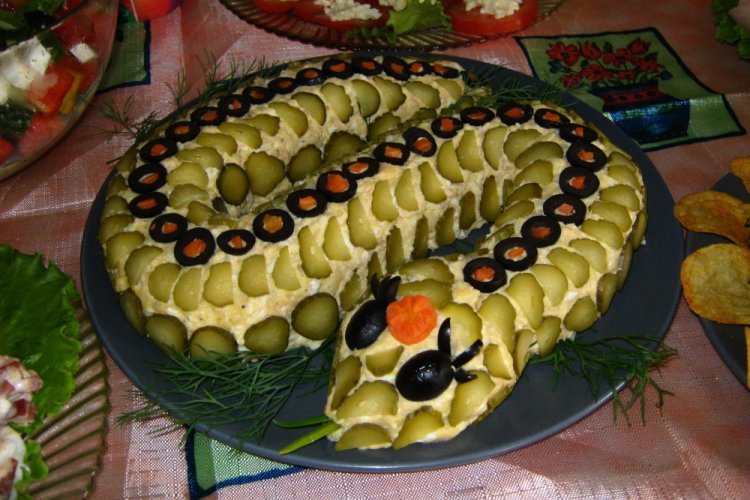 Snake Salad with Pink Salmon and Processed Cheese