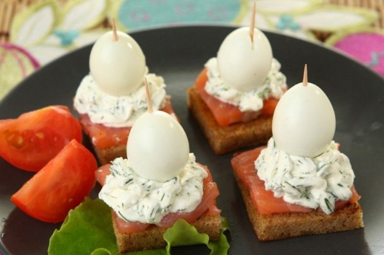 Canapés with Red Fish and Quail Eggs for New Year
