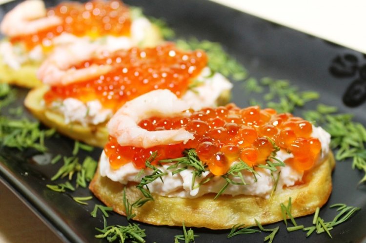 Red Caviar and Shrimp Sandwiches for New Year