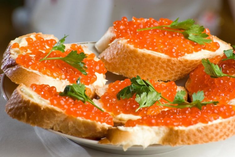 Ricotta, Processed Cheese, and Red Caviar Sandwiches