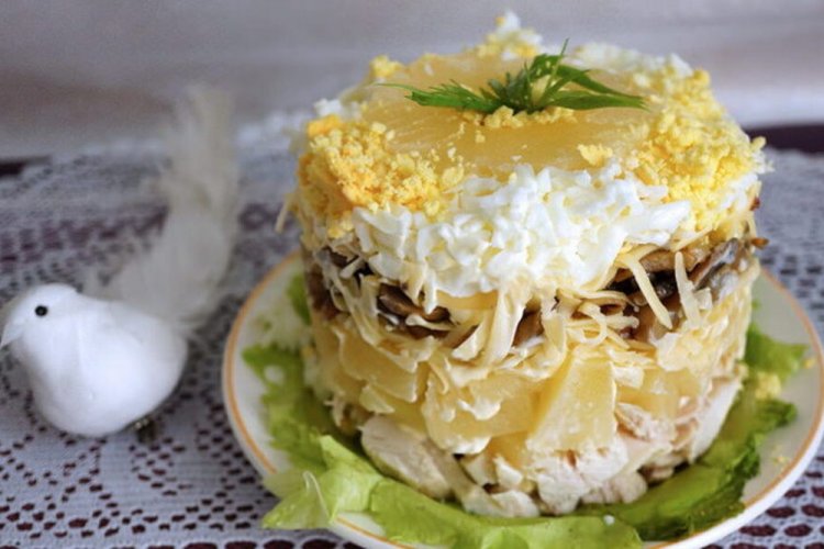 Layered Chicken, Fried Mushroom, and Pineapple Salad