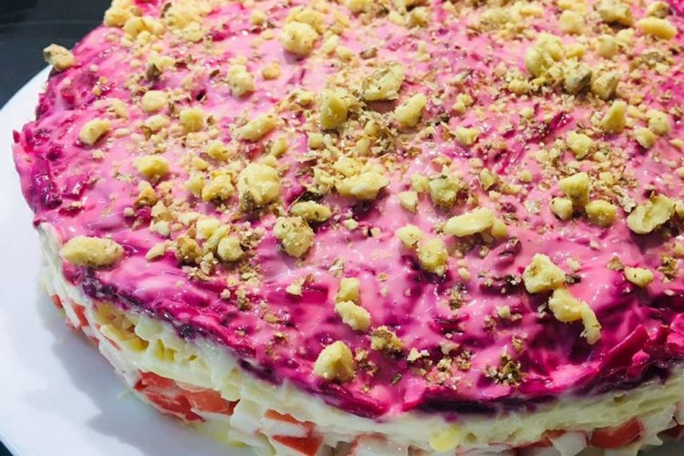 Layered Crab Stick, Beet, and Carrot Salad