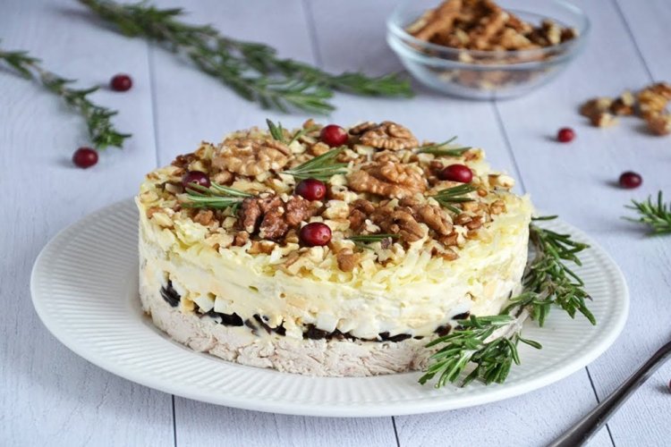 Layered Chicken, Prune, and Walnut Salad