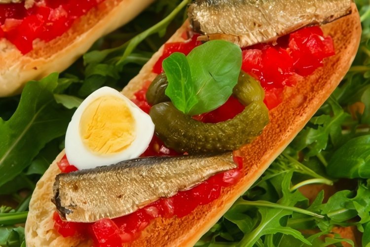 Sprat Bruschetta with Tomatoes and Quail Eggs