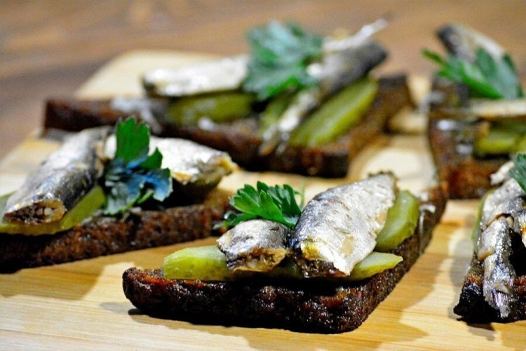 Sprat Bruschetta with Pickled Cucumbers