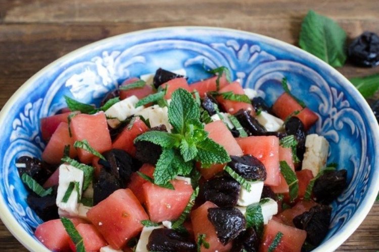 Watermelon, Feta, Prune, and Mint Salad