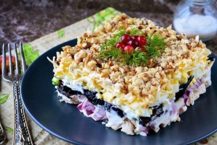 Layered Potato Salad with Pickles, Corn, and Prunes