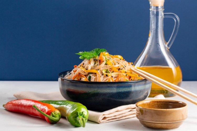 Healthy Salad with Funchoza, Vegetables, and Corn