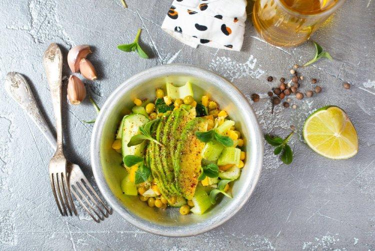 Healthy Salad with Avocado, Corn, and Celery