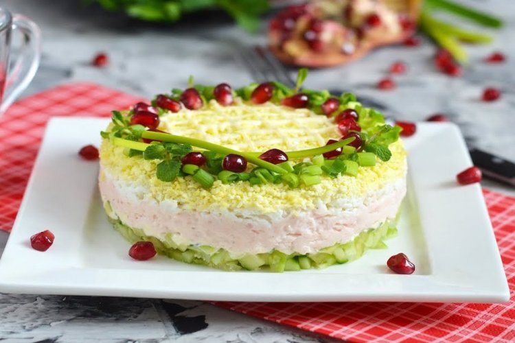 Layered Salad with Krill Meat, Eggs, and Cucumbers