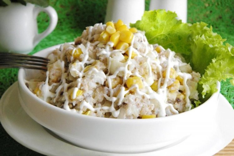 Salad with Krill Meat, Rice, and Gherkins