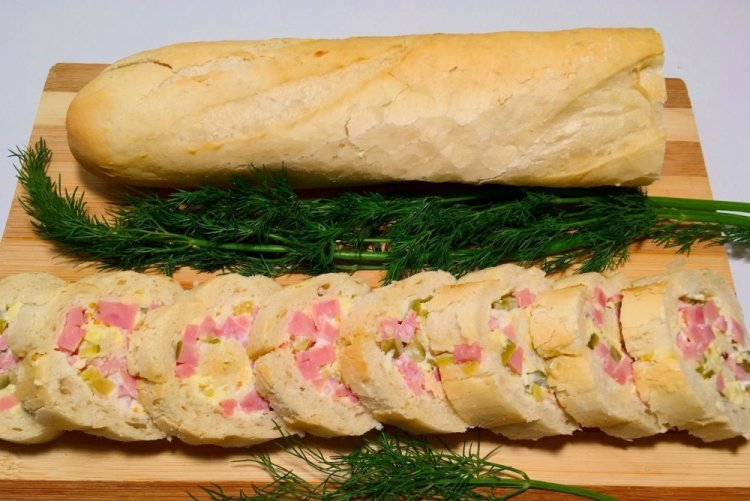 Stuffed Baguette with Sausages and Pickled Cucumbers
