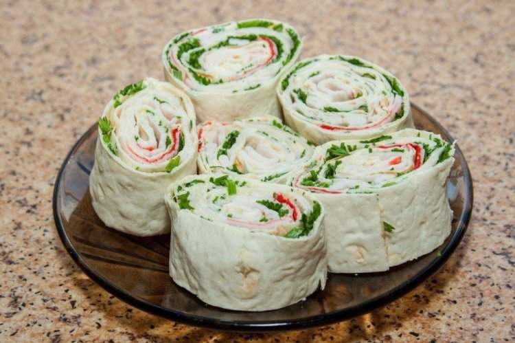 Lavash Roll with Crab Sticks and Watercress