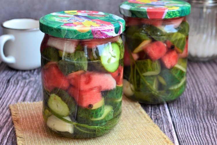 Cucumbers with Watermelon for Winter Without Sterilization