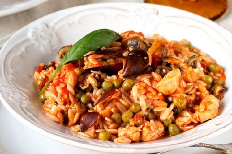 Paella with Orzo, Chicken, and Mussels