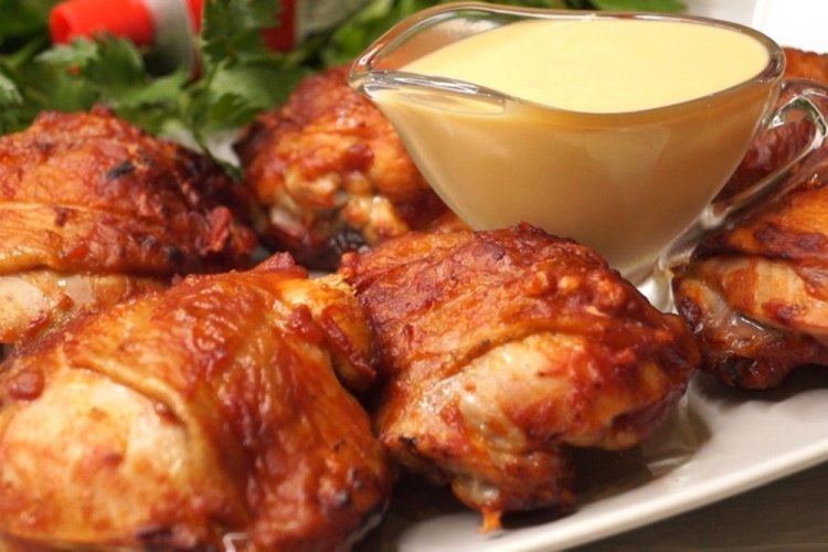 Chicken Thighs in Honey-Mustard Sauce in a Skillet