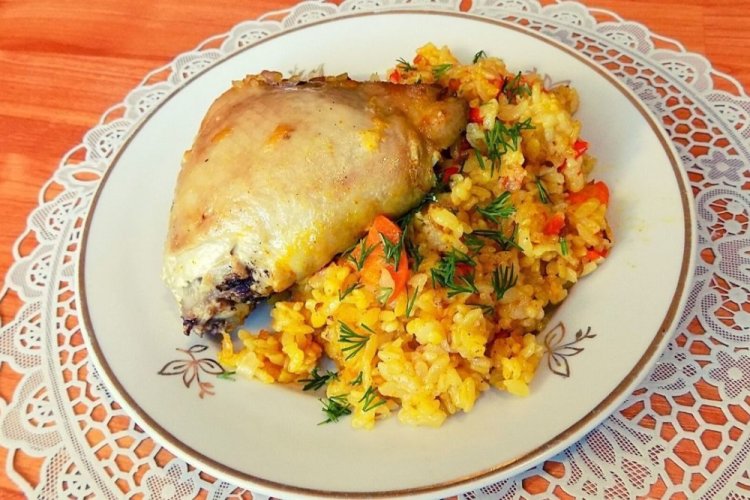 Chicken Thighs with Rice in a Skillet