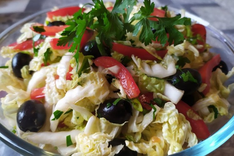 Cabbage, Cucumber, Feta, and Olive Salad