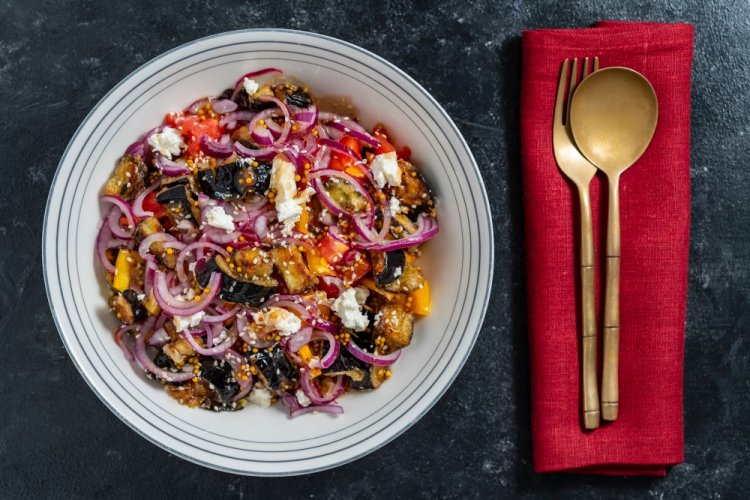 Salad with Feta, Crispy Eggplant, and Walnuts