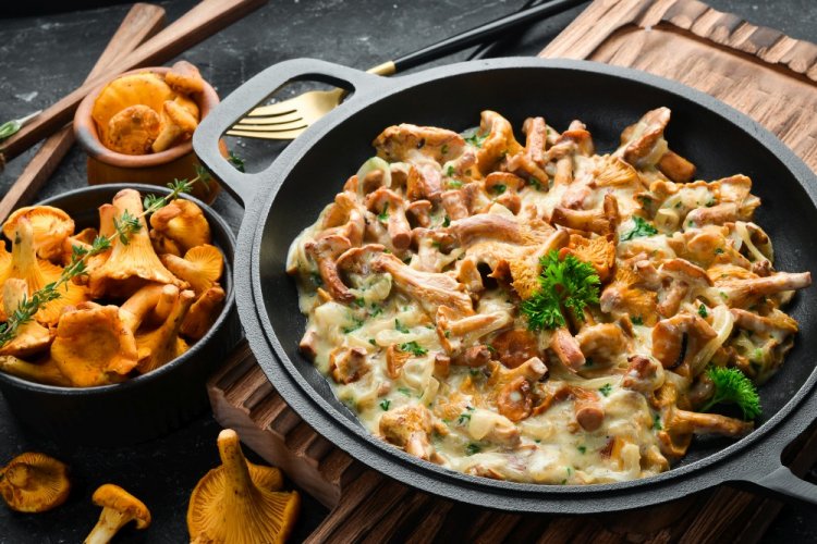 Chanterelles in Sour Cream with Cheese in a Skillet