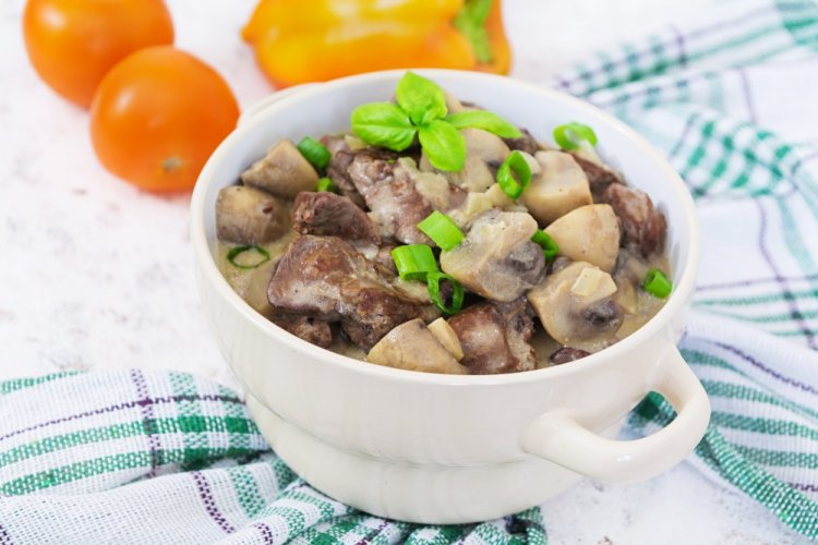 Chicken Liver with Mushrooms and Sour Cream in a Skillet