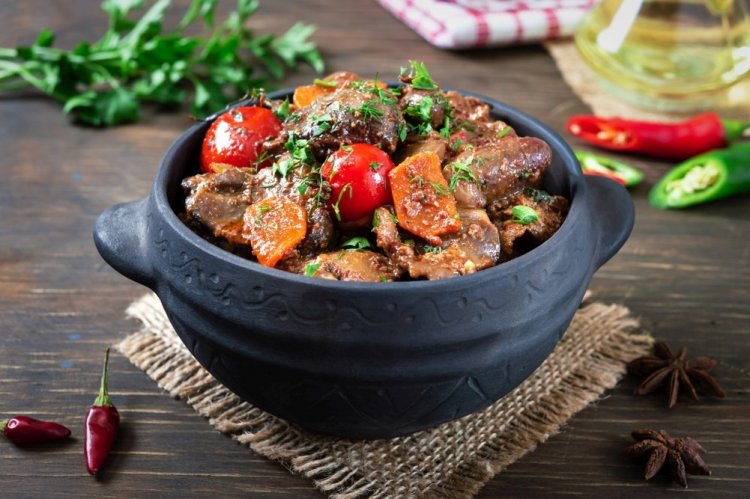 Chicken Hearts in Sour Cream and Soy Sauce in a Skillet