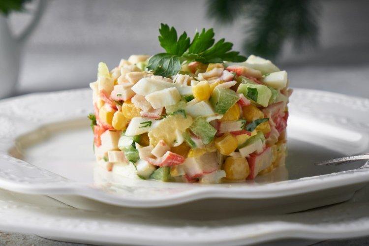 Salad with Crab Sticks, Corn, and Cucumbers