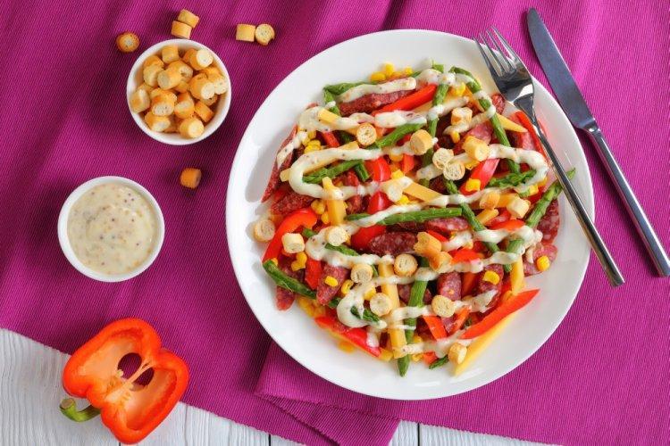 Salad with Sausage, Corn, and Croutons