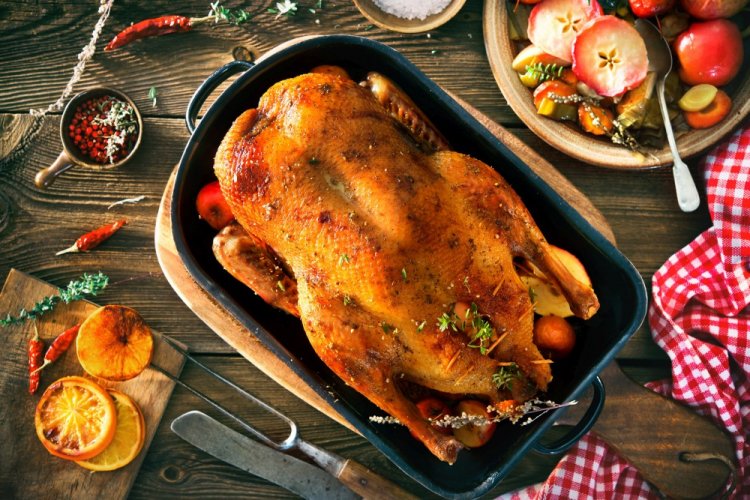 Goose with Cherry Plums and Apples in the Oven