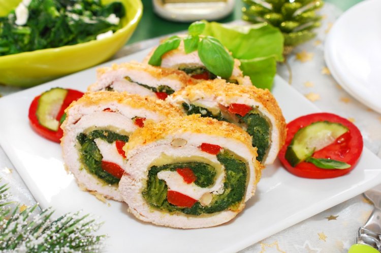 Turkey Roll with Spinach and Nuts in the Oven