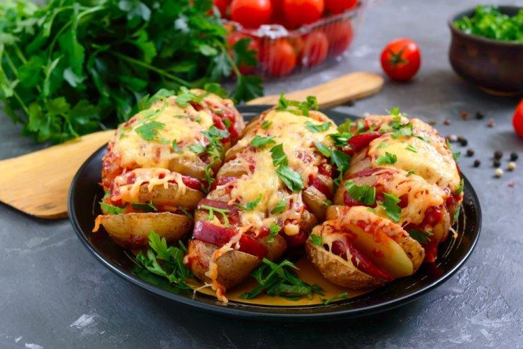 Baked Accordion Potatoes with Tomatoes and Mozzarella
