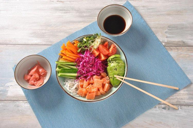 Funchoza, Salmon, and Purple Cabbage Bowl