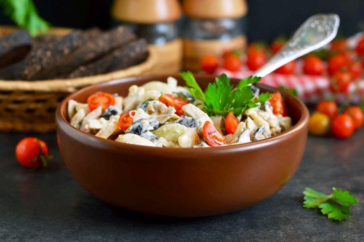Salad with Chicken Hearts, Eggs, Vegetables, and Mayonnaise