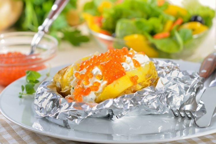 Air Fryer Baked Potato with Salmon and Red Caviar