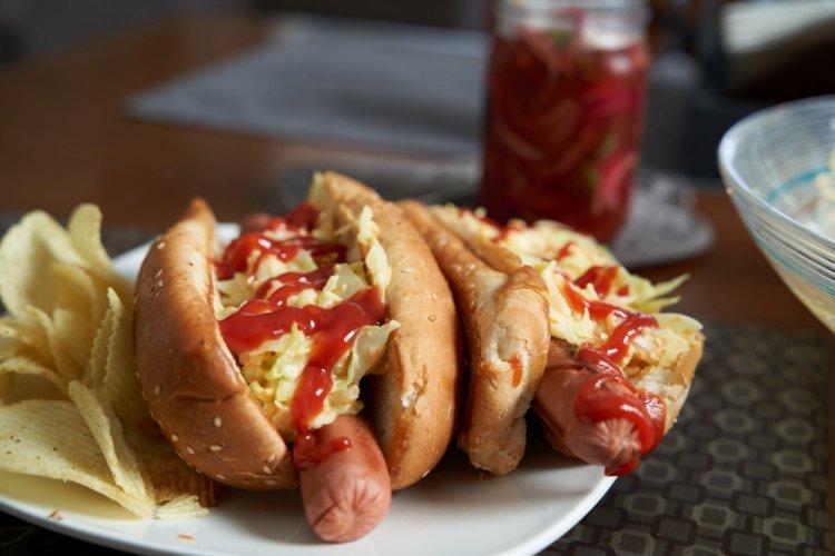 Hot Dogs with Cabbage and Korean Carrots in an Air Fryer