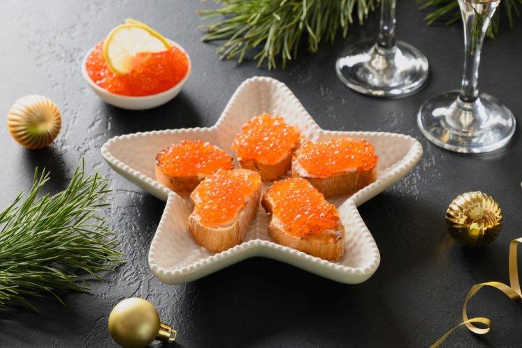Canapés with Eggs, Cheese, and Red Caviar