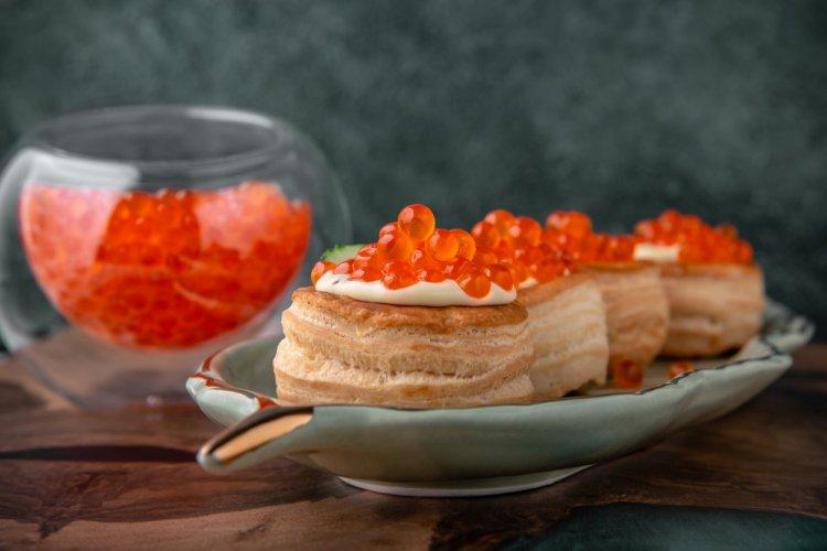 Red Caviar Canapés on Puff Pastry