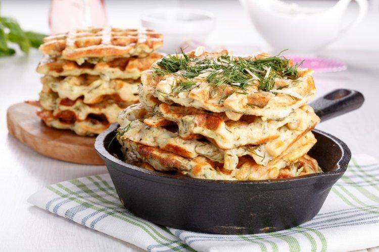 Cottage Cheese Waffles with Cheese and Herbs in a Multi-Baker