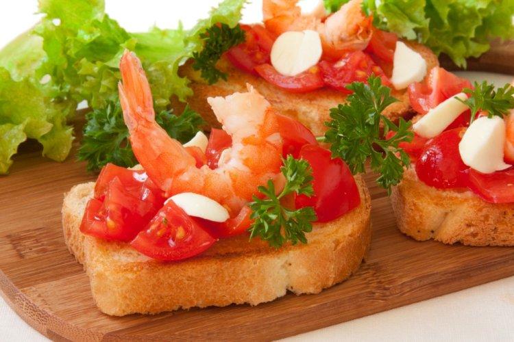 Caesar Bruschetta with Shrimp and Cherry Tomatoes