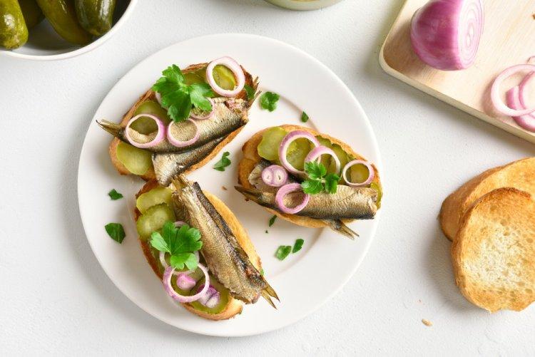 Sprat, Pickled Cucumber, and Onion Sandwiches