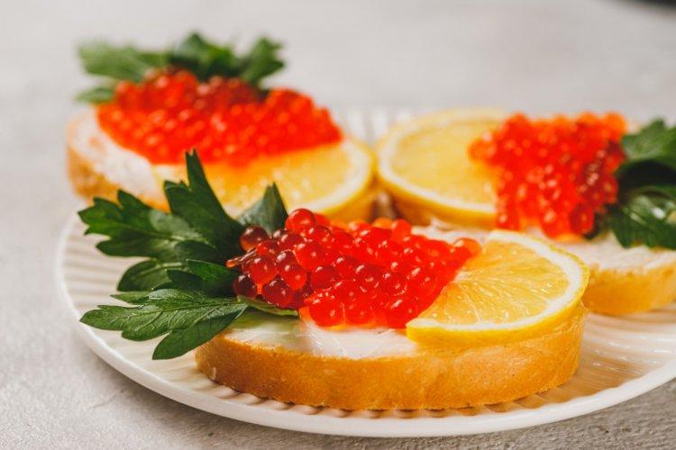 Red Fish, Cream Cheese, and Red Caviar Sandwiches