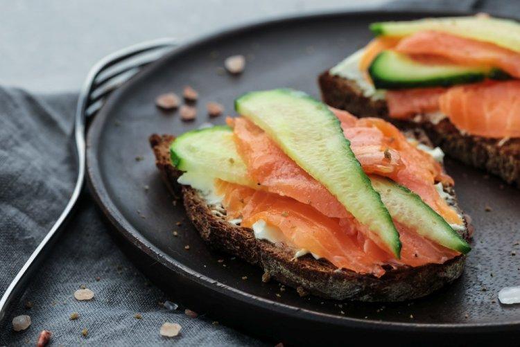 Sandwiches with Black Bread, Salmon, and Cucumber